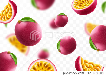 Flying ripe passion fruit. Bright advertising background falling juicy passion fruit, realistic illustration with blurred effect. 3d vector design for advertising banners and web page design 121689108