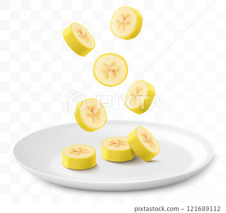 Ripe banana slices fall onto a white plate, isolated on a transparent background. Sweet banana fruits. Healthy vitamin food. Realistic 3d vector illustration 121689112