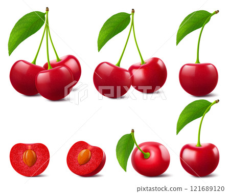 Ripe cherries with leaves isolated on a white background. Whole red cherry and half cherry with pit, realistic 3d vector illustration. Ripe of berries, glistening with vibrant hues. Ripe cherries with leaves isolated on a white background. Whole red cherry and half cherry with pit, realistic 3d vector illustration. Ripe of berries, glistening with vibrant hues. 121689120