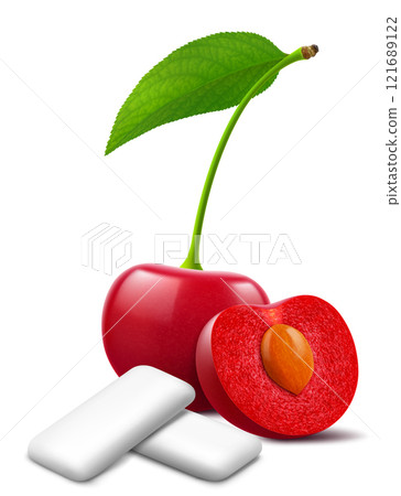 Bubble gum with an cherry flavor. Pads of bubble gum spearmint for fresh breathing. Chewing gums for healthy teeth and dental hygiene. Refreshing candy. Realistic 3D vector illustration 121689122
