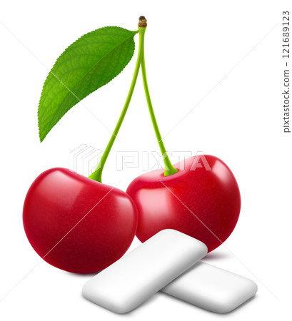 Bubble gum with an cherry flavor. Pads of bubble gum spearmint for fresh breathing. Chewing gums for healthy teeth and dental hygiene. Refreshing candy. Realistic 3D vector illustration 121689123