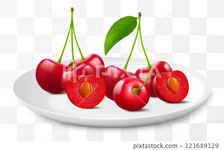 Ripe cherries on a white plate isolated on a transparent background. Whole red cherry and half cherry with pit. Healthy vitamin food. Realistic 3d vector illustration Ripe cherries on a white plate isolated on a transparent background. Whole red cherry and half cherry with pit. Healthy vitamin food. Realistic 3d vector illustration 121689129