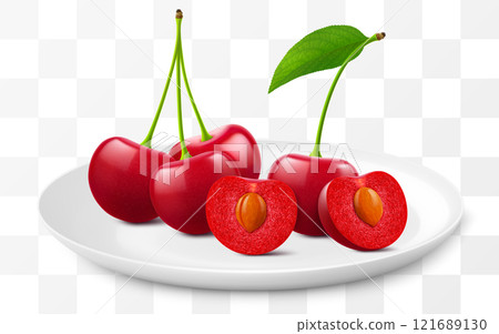 Ripe cherries on a white plate isolated on a transparent background. Whole red cherry and half cherry with pit. Healthy vitamin food. Realistic 3d vector illustration Ripe cherries on a white plate isolated on a transparent background. Whole red cherry and half cherry with pit. Healthy vitamin food. Realistic 3d vector illustration 121689130