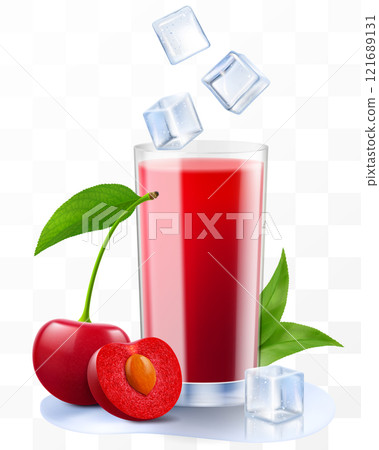 A glass of fresh cherry juice or smoothie with ice cubes. Cup of cocktail or compote with ripe sweet cherry berries, isolated on transparent background. Realistic 3d vector illustration A glass of fresh cherry juice or smoothie with ice cubes. Cup of cocktail or compote with ripe sweet cherry berries, isolated on transparent background. Realistic 3d vector illustration 121689131