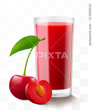 A glass of fresh cherry juice or smoothie. Cup of cocktail or compote with ripe sweet cherry berries, isolated on transparent background. Realistic 3d vector illustration A glass of fresh cherry juice or smoothie. Cup of cocktail or compote with ripe sweet cherry berries, isolated on transparent background. Realistic 3d vector illustration 121689132