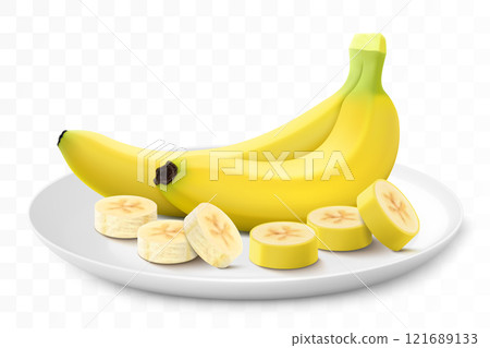 Ripe sweet banana on a white plate isolated on a transparent background. Whole banana and sliced. Healthy vitamin food. Realistic 3d vector illustration 121689133