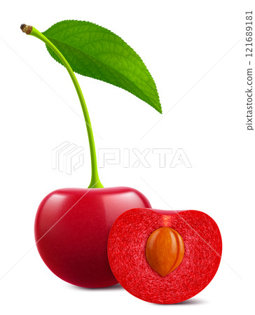 Ripe cherries with leaves isolated on a white background. Whole red cherry and half cherry with pit, realistic 3d vector illustration. Ripe of berries, glistening with vibrant hues. Ripe cherries with leaves isolated on a white background. Whole red cherry and half cherry with pit, realistic 3d vector illustration. Ripe of berries, glistening with vibrant hues. 121689181