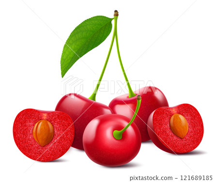 Ripe cherries with leaves isolated on a white background. Whole red cherry and half cherry with pit, realistic 3d vector illustration. Ripe of berries, glistening with vibrant hues. 121689185