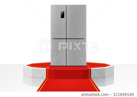 Illuminated podium or Pedestal with red path and double-door refrigerator. Modern, realistic 3d vector illustration of home appliances. Front view, close-up. 121689189
