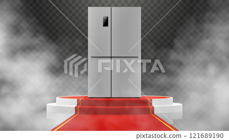 Illuminated podium or Pedestal with red path and double-door refrigerator. Modern, realistic 3d vector illustration of home appliances. Front view, close-up. 121689190
