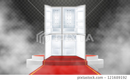 Illuminated podium or pedestal with red path and double-door refrigerator. Refrigerator with open door. Modern, realistic 3d vector illustration of home appliances. Front view, close-up. Illuminated podium or pedestal with red path and double-door refrigerator. Refrigerator with open door. Modern, realistic 3d vector illustration of home appliances. Front view, close-up. 121689192
