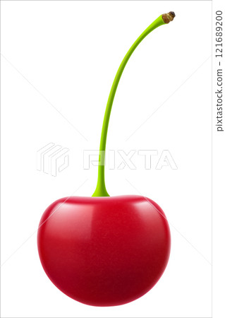 Ripe cherry isolated on a white background. Raw red cherry berry, realistic 3d vector illustration. Ripe of berries, glistening with vibrant hues. 121689200
