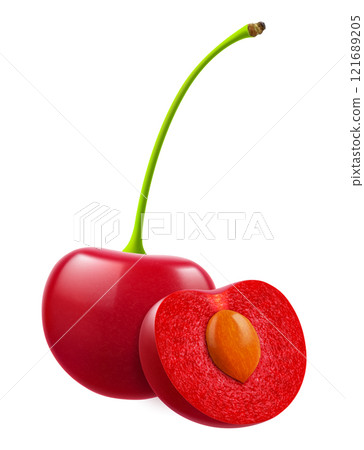 Ripe cherries isolated on a white background. Whole red cherry and half cherry with pit, realistic 3d vector illustration. Ripe of berries, glistening with vibrant hues. 121689205