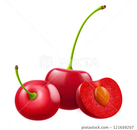 Ripe cherries isolated on a white background. Whole red cherry and half cherry with pit, realistic 3d vector illustration. Ripe of berries, glistening with vibrant hues. Ripe cherries isolated on a white background. Whole red cherry and half cherry with pit, realistic 3d vector illustration. Ripe of berries, glistening with vibrant hues. 121689207