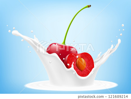 Red cherry and half of cherry with pit are falling in splash of yogurt or milk, cocktail splash with drops, Milkshake splash with ripe red cherries. Realistic 3d vector illustration Red cherry and half of cherry with pit are falling in splash of yogurt or milk, cocktail splash with drops, Milkshake splash with ripe red cherries. Realistic 3d vector illustration 121689214