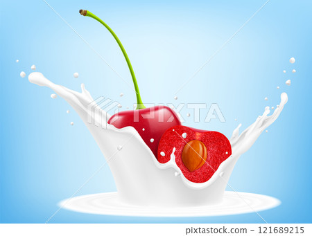 Red cherry and half of cherry with pit are falling in splash of yogurt or milk, cocktail splash with drops, Milkshake splash with ripe red cherries. Realistic 3d vector illustration Red cherry and half of cherry with pit are falling in splash of yogurt or milk, cocktail splash with drops, Milkshake splash with ripe red cherries. Realistic 3d vector illustration 121689215