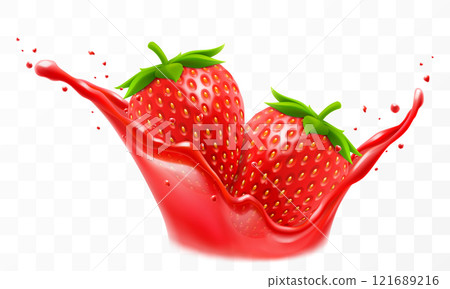 Strawberry juice. Fresh ripe strawberry falls into a splash of juice, isolated on transparent background. Realistic 3d vector illustration. Summer vitamin food and drink. Strawberry smoothie splash Strawberry juice. Fresh ripe strawberry falls into a splash of juice, isolated on transparent background. Realistic 3d vector illustration. Summer vitamin food and drink. Strawberry smoothie splash 121689216