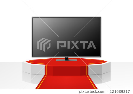 Illuminated podium or Pedestal with red path and plasma TV. TV flat screen lcd, plasma, tv mock up. black HD monitor. realistic 3d vector illustration of home appliances. Front view, close-up. 121689217