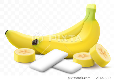 Bubble gum with an banana flavor. Pads of bubble gum spearmint for fresh breathing. Chewing gums for healthy teeth and dental hygiene. Refreshing candy. Realistic 3D vector illustration 121689222