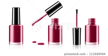 Nail polish set, opened and closed bottle with lid. burgundy varnish for manicure and pedicure, brush and enamel drop isolated on white background. Realistic 3d vector illustration 121689494