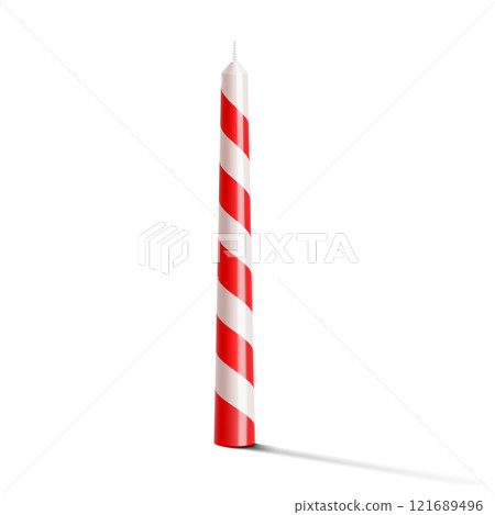 White and red striped wax candle isolated on white background. Festive decoration for birthday cake, New Year, Christmas, Holiday candle. celebration objects. Realistic 3d vector illustration White and red striped wax candle isolated on white background. Festive decoration for birthday cake, New Year, Christmas, Holiday candle. celebration objects. Realistic 3d vector illustration 121689496