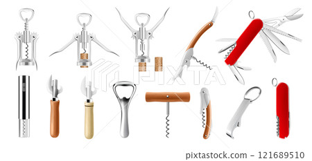 A set of corkscrews and openers. Wine Bottle Opener, can opener, electronic rechargeable corkscrew, sommeliers knife with corkscrew and Swiss Army knife or pocket knife. Realistic 3d vector, isolated A set of corkscrews and openers. Wine Bottle Opener, can opener, electronic rechargeable corkscrew, sommeliers knife with corkscrew and Swiss Army knife or pocket knife. Realistic 3d vector, isolated 121689510