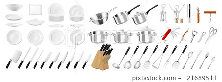 Kitchenware and tableware, Kitchen utensils, tools, equipment and cutlery for cooking. Plates, pots, pans, ladle, skimmer, forks, spoons. Corkscrews, colander, knives saucepans. Realistic 3d vector 121689511
