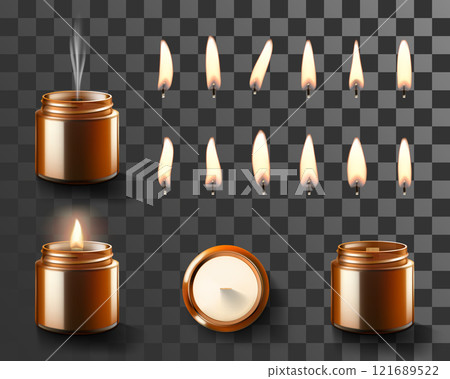 Set of Perfumed Soy and coconut wax candle in brown glass jar and candles flames different shapes isolated on transparent background. Candlelight, aromatherapy. Realistic 3d Vector illustration. Set of Perfumed Soy and coconut wax candle in brown glass jar and candles flames different shapes isolated on transparent background. Candlelight, aromatherapy. Realistic 3d Vector illustration. 121689522