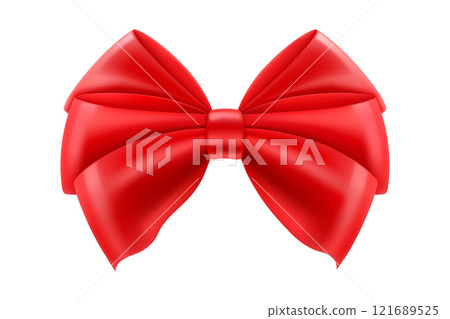Beautiful red bow made of satin ribbon, isolated on white background. Can be use for decoration gifts, greetings, holidays, for the design of compositions. Realistic 3d vector illustration. 121689525