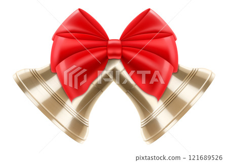 Two Golden metal bells with red bow isolated on a white background, Christmas symbol, school bell, vintage bell. Realistic 3D effect. Vector illustration. EPS10 121689526