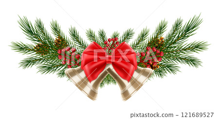 Christmas tree branches with rowan berries and two golden bells with a red bow. New year holiday decoration element - spruce tree with ribbons bow, Isolated on white background. Realistic 3d vector 121689527