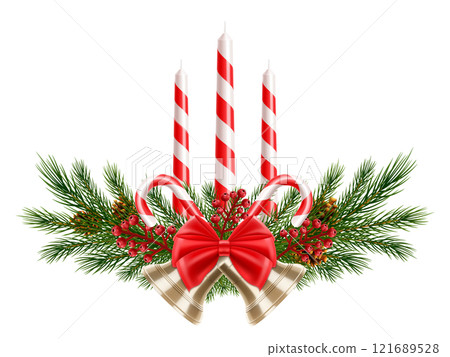 Christmas white and red striped wax candles combined with Christmas tree branches, Christmas candy canes, bright red bow and gold bells, isolated on white background. Realistic 3d vector illustration 121689528