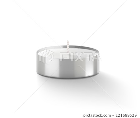 Candle. Tea Lights Candle. Mini Tealight candles for home decoration. Dripless and long lasting paraffin or white beeswax. Isolated white background. Realistic 3d vector illustration. 121689529