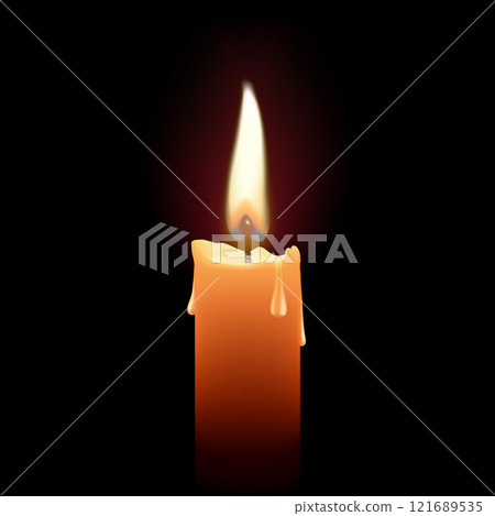 Burning candle with dripping or flowing wax. Yellow Candle with flame. Lit and melted wax. Glowing candle, isolated on dark background. Realistic 3d Vector illustration. Design for Memorial day 121689535