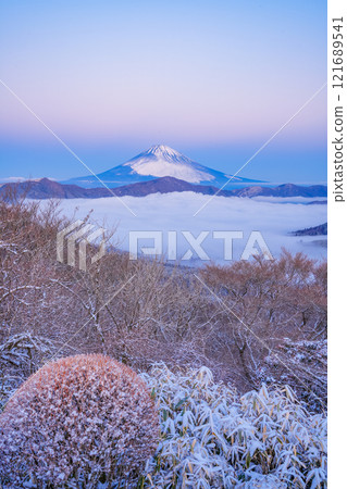 [Kanagawa Prefecture] Snowfall in Hakone, the sea of clouds over Lake Ashi and Mt. Fuji at dawn 121689541