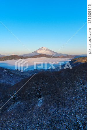 [Kanagawa Prefecture] Snowfall in Hakone, the sea of clouds over Lake Ashi and Mt. Fuji at dawn 121689546
