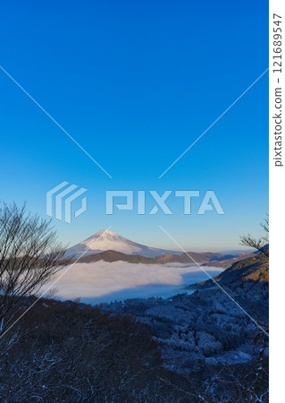 [Kanagawa Prefecture] Snowfall in Hakone, the sea of clouds over Lake Ashi and Mt. Fuji at dawn 121689547