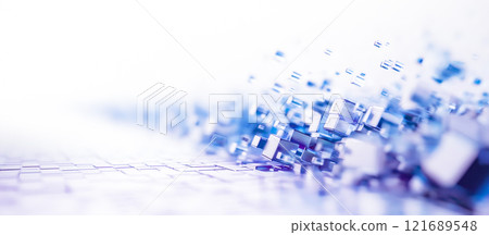 Blue and white geometric shapes appear to scatter and disperse across a bright backdrop, creating a dynamic visual effect that suggests movement and transformation. 121689548