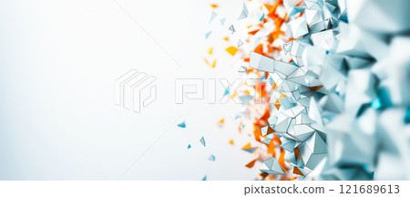 Colorful geometric shapes break apart in shades of blue and orange, creating a dynamic visual effect that evokes a sense of movement and transformation. Colorful geometric shapes break apart in shades of blue and orange, creating a dynamic visual effect that evokes a sense of movement and transformation. 121689613