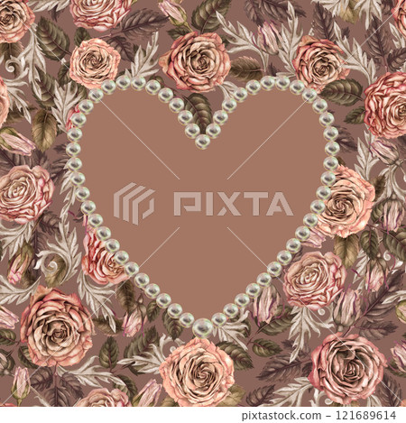 Heart shaped frame cut out on a floral background. Pink-brown roses in mocha mousse color. Botanical vintage template for wedding, Valentine's Day, Mother's Day, photo, women's, stickers, scrapbook. 121689614