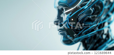 A detailed close up of a futuristic robotic head showcasing intricate circuitry and glowing blue elements. The design reflects advanced technology and innovation in robotics. 121689644