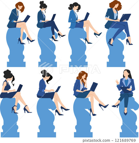 Illustration set of a business woman sitting on a chess piece Illustration set of a business woman sitting on a chess piece 121689769