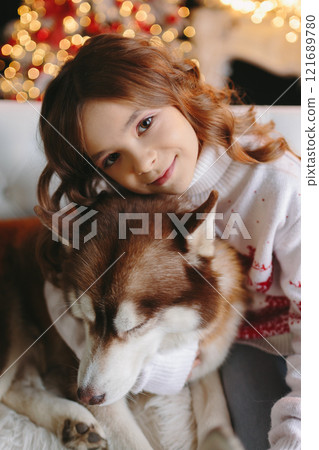 Close up of cute girl hugging husky dog on christmas background Close up of cute girl hugging husky dog on christmas background 121689780