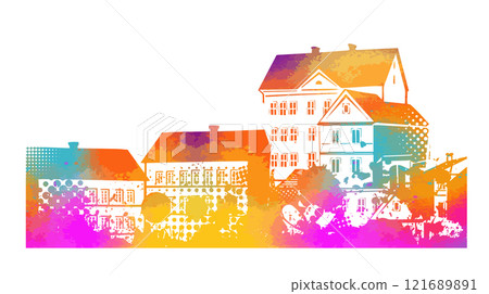 Colored city long panorama. hand drawing. Not AI. Vector illustration Colored city long panorama. hand drawing. Not AI. Vector illustration 121689891
