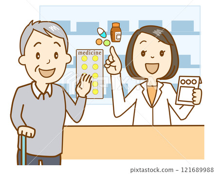A pharmacist explains medicine to an elderly person. The elderly person was able to understand after listening to the detailed explanation. 121689988