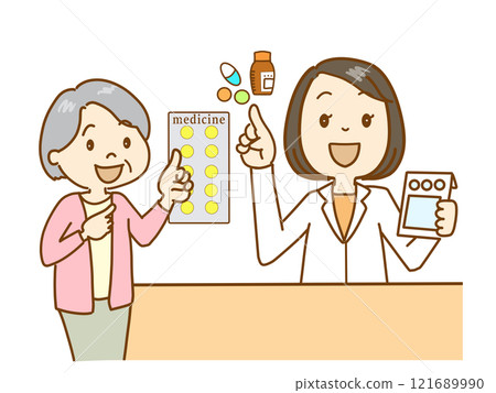 A pharmacist explains medicine to an elderly person. The elderly person was able to understand after listening to the detailed explanation. 121689990