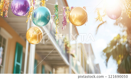 Mardi Gras celebration with colorful balloons and festive street decorations Mardi Gras celebration with colorful balloons and festive street decorations 121690050
