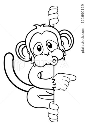 Monkey Cartoon Character Animal Pointing At Sign 121690119