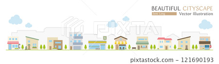 帶有簡單商店和房屋的美麗城市景觀的矢量圖 121690193