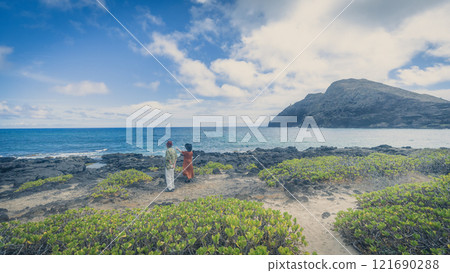 An elderly couple standing at a power spot on the east coast of Hawaii, gazing at the ocean 121690288